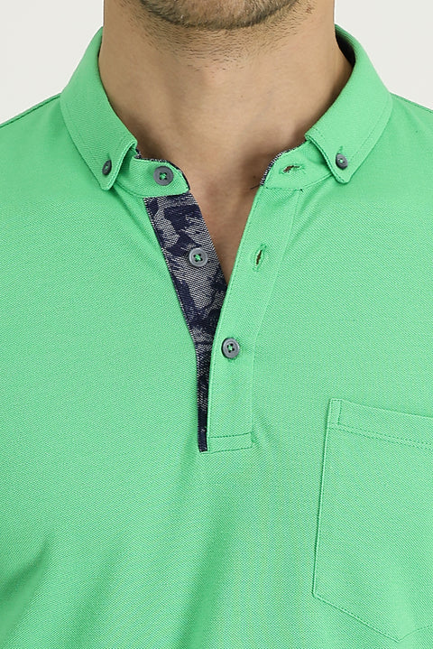 Light Green Polo Collar Slim Fit Narrow Cut Patterned Cotton T-shirt