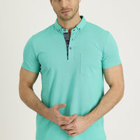 Mint Green Polo Collar Slim Fit Patterned Cotton T-shirt
