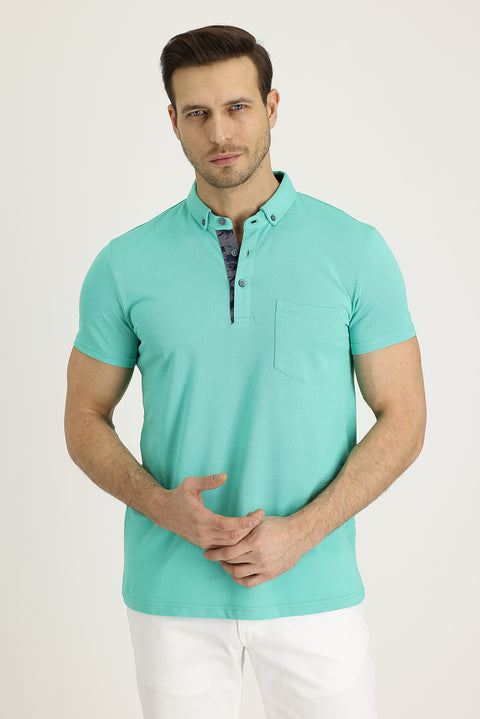 Mint Green Polo Collar Slim Fit Patterned Cotton T-shirt
