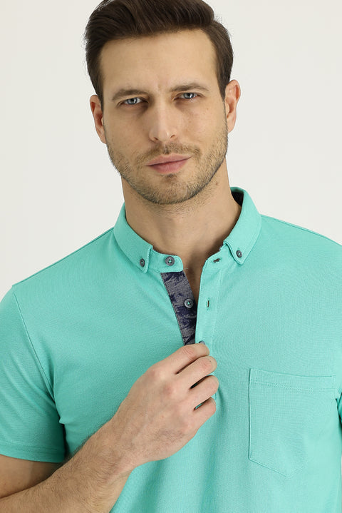 Mint Green Polo Collar Slim Fit Patterned Cotton T-shirt
