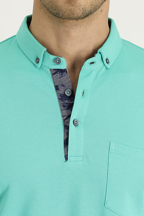 Mint Green Polo Collar Slim Fit Patterned Cotton T-shirt