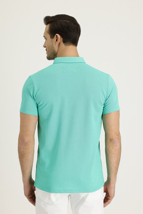 Mint Green Polo Collar Slim Fit Patterned Cotton T-shirt