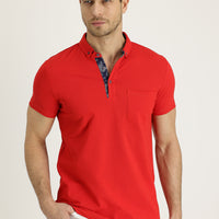 Light Red Polo Collar Slim Fit Patterned Cotton T-shirt