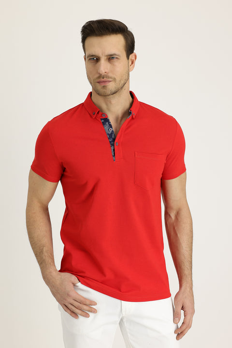Light Red Polo Collar Slim Fit Patterned Cotton T-shirt