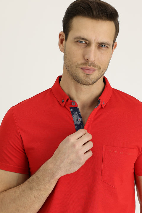 Light Red Polo Collar Slim Fit Patterned Cotton T-shirt
