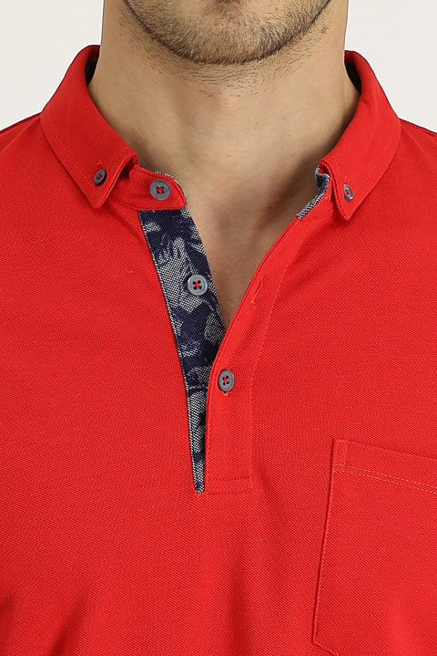 Light Red Polo Collar Slim Fit Patterned Cotton T-shirt