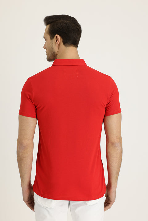 Light Red Polo Collar Slim Fit Patterned Cotton T-shirt