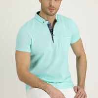 Medium Turquoise Polo Collar Patterned Cotton T-shirt