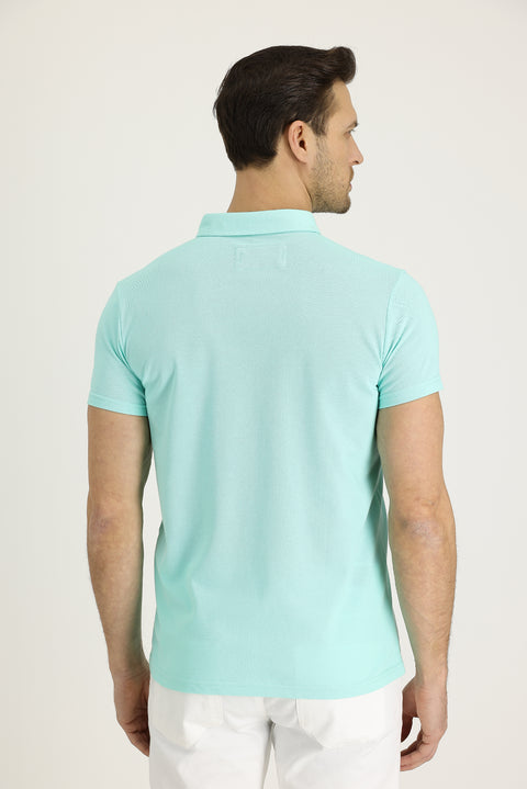 Medium Turquoise Polo Collar Patterned Cotton T-shirt