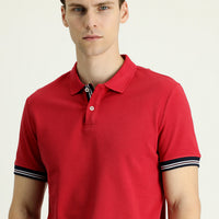 Dark Red Polo Collar Slim Fit Patterned Cotton T-shirt