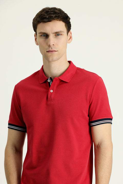 Dark Red Polo Collar Slim Fit Patterned Cotton T-shirt