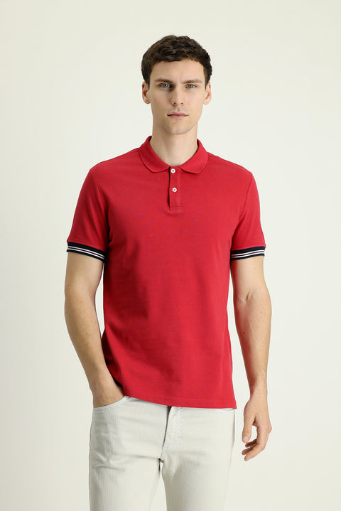 Dark Red Polo Collar Slim Fit Patterned Cotton T-shirt