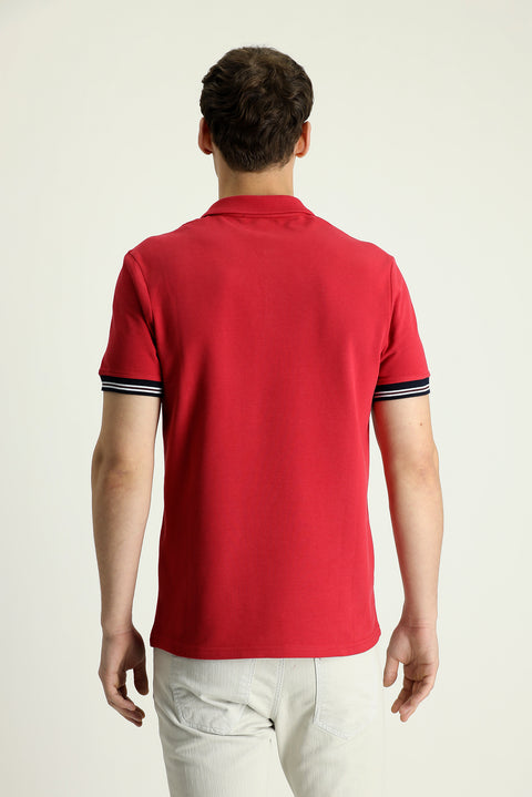 Dark Red Polo Collar Slim Fit Patterned Cotton T-shirt
