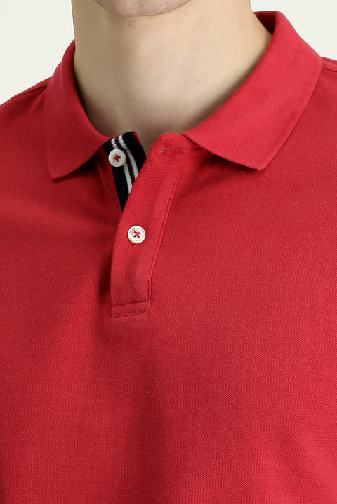 Dark Red Polo Collar Slim Fit Patterned Cotton T-shirt