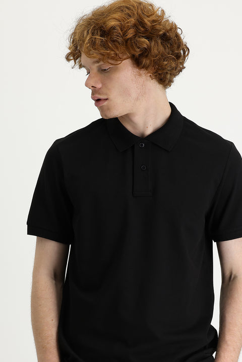 Black Polo Collar Slim Fit Printed T-shirt