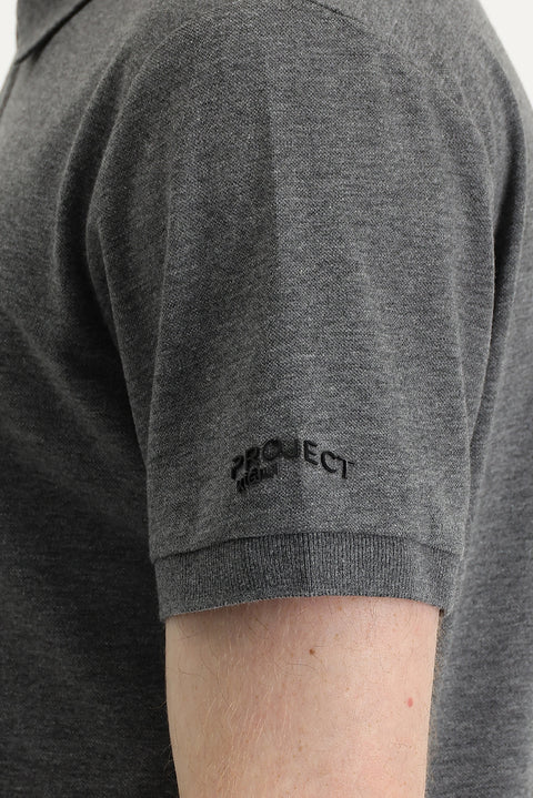 Dark Gray Melange Polo Collar Slim Fit Printed T-Shirt
