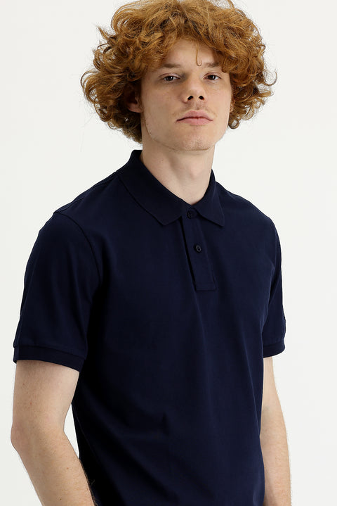 Black and Navy Blue Polo Collar Slim Fit Printed T-Shirt