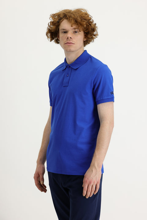 Navy Blue Polo Collar Slim Fit Printed T-Shirt