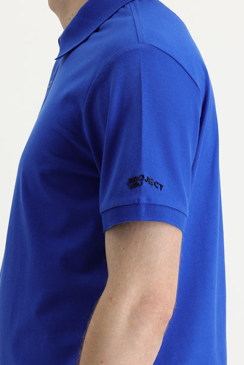 Navy Blue Polo Collar Slim Fit Printed T-Shirt