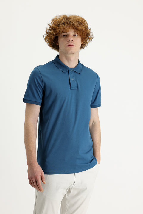 Koyu Petrol Polo Yaka Slim Fit Dar Kesim Baskılı Tişört
