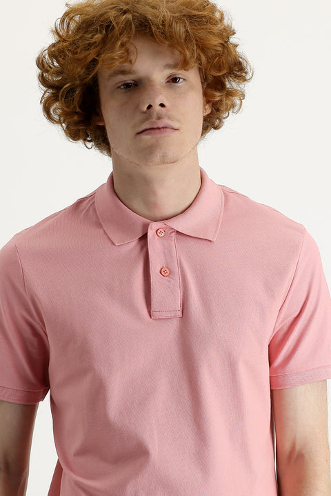 Medium Pink Polo Collar Slim Fit Printed T-Shirt