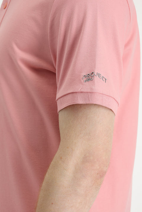 Medium Pink Polo Collar Slim Fit Printed T-Shirt