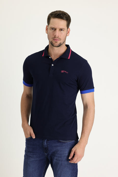 Black and Navy Blue Polo Collar Slim Fit Narrow Cut Cotton T-shirt