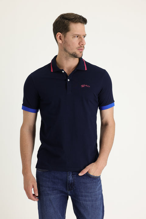 Black and Navy Blue Polo Collar Slim Fit Narrow Cut Cotton T-shirt