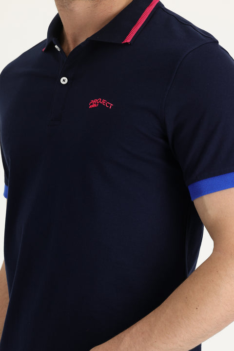 Black and Navy Blue Polo Collar Slim Fit Narrow Cut Cotton T-shirt