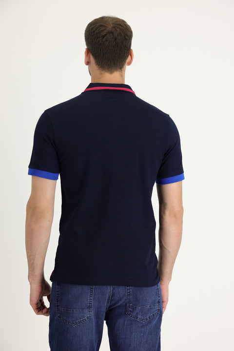 Black and Navy Blue Polo Collar Slim Fit Narrow Cut Cotton T-shirt