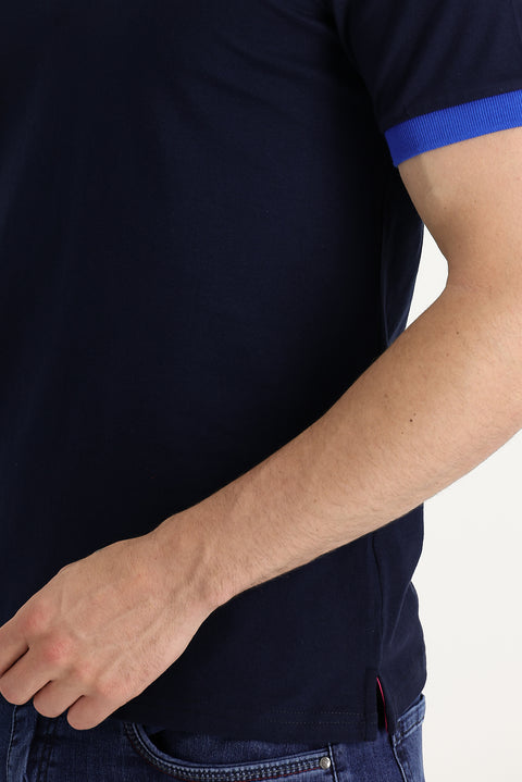 Black and Navy Blue Polo Collar Slim Fit Narrow Cut Cotton T-shirt