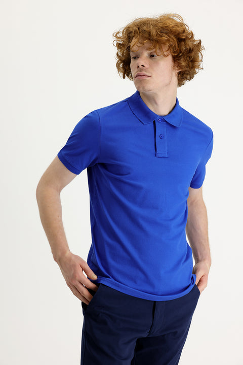 Navy Blue Polo Collar Slim Fit Printed T-Shirt