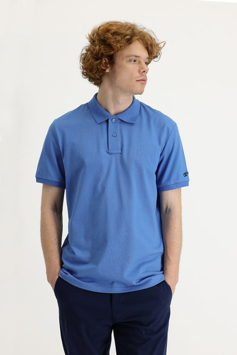 Havacı Mavi Polo Yaka Slim Fit Dar Kesim Baskılı Tişört