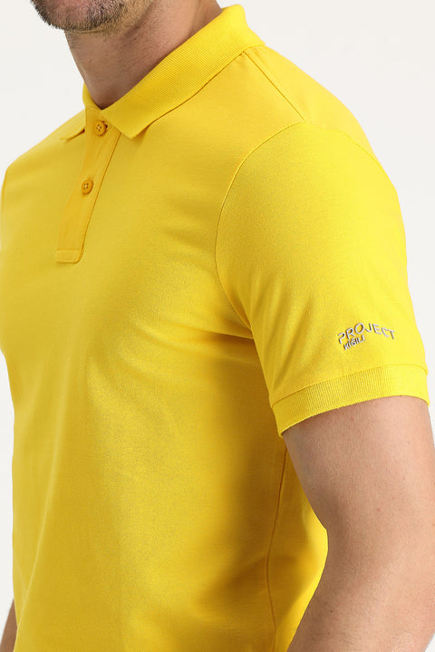 Dark Yellow Polo Collar Slim Fit Printed T-Shirt