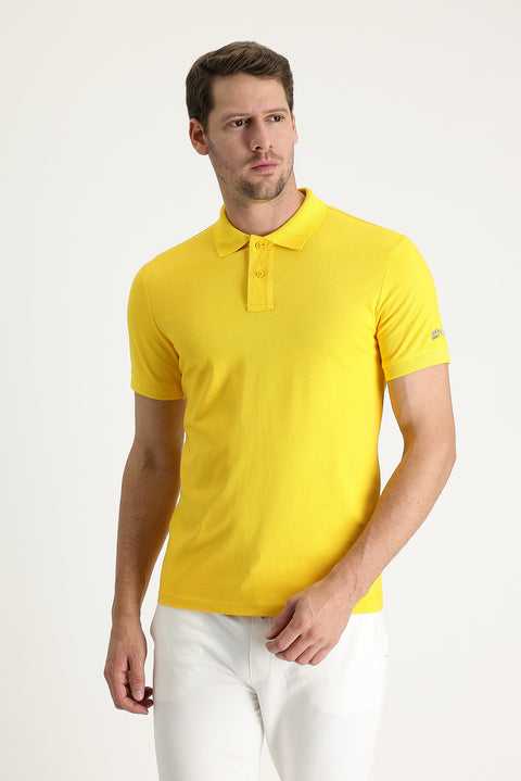Dark Yellow Polo Collar Slim Fit Printed T-Shirt