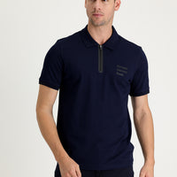 Black and Navy Blue Polo Collar Slim Fit Printed Zip-Up T-Shirt
