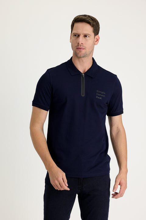Black and Navy Blue Polo Collar Slim Fit Printed Zip-Up T-Shirt
