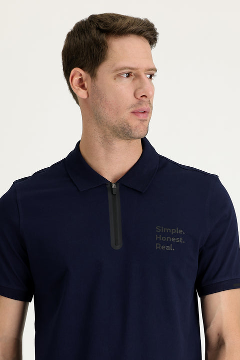 Black and Navy Blue Polo Collar Slim Fit Printed Zip-Up T-Shirt
