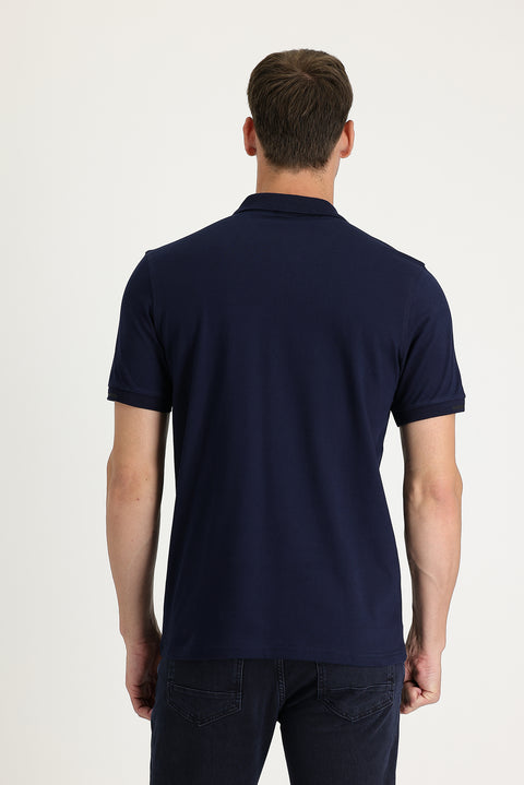Black and Navy Blue Polo Collar Slim Fit Printed Zip-Up T-Shirt