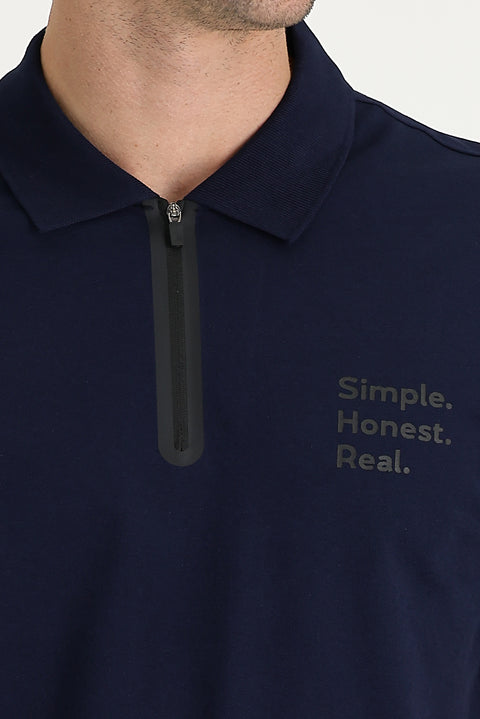 Black and Navy Blue Polo Collar Slim Fit Printed Zip-Up T-Shirt