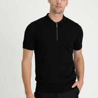 Black Polo Collar Slim Fit Narrow Cut Zip-Up T-Shirt