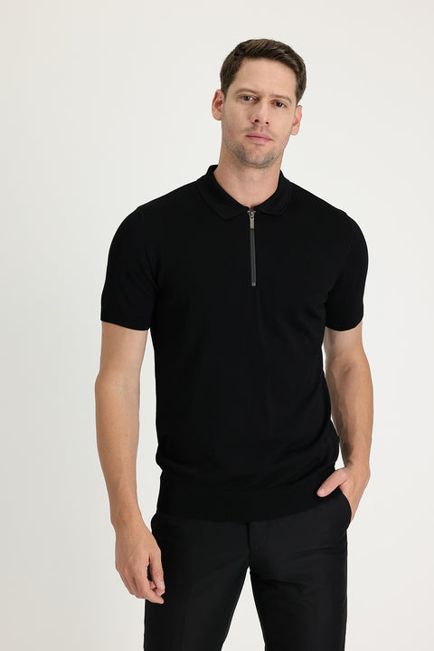 Black Polo Collar Slim Fit Narrow Cut Zip-Up T-Shirt