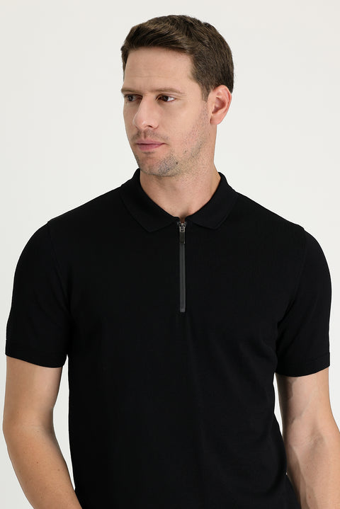Black Polo Collar Slim Fit Narrow Cut Zip-Up T-Shirt