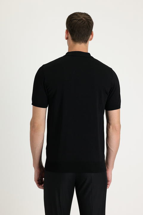 Black Polo Collar Slim Fit Narrow Cut Zip-Up T-Shirt