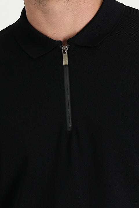 Black Polo Collar Slim Fit Narrow Cut Zip-Up T-Shirt