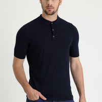 Medium Navy Polo Collar Slim Fit Linen T-shirt