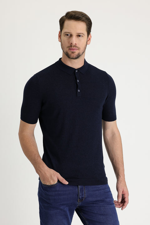 Medium Navy Polo Collar Slim Fit Linen T-shirt