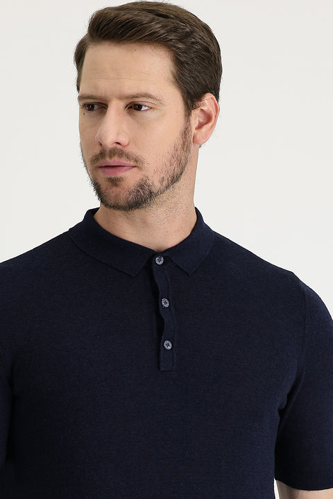 Medium Navy Polo Collar Slim Fit Linen T-shirt
