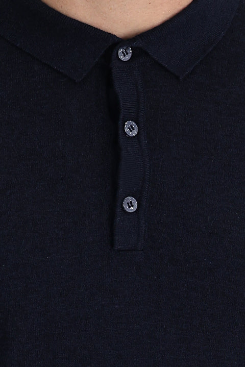 Medium Navy Polo Collar Slim Fit Linen T-shirt