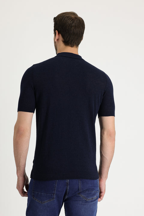 Medium Navy Polo Collar Slim Fit Linen T-shirt
